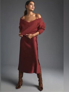 Mare Mare Anthropologie Satin Slip Dress w/sweater in Burgundy size XS petite